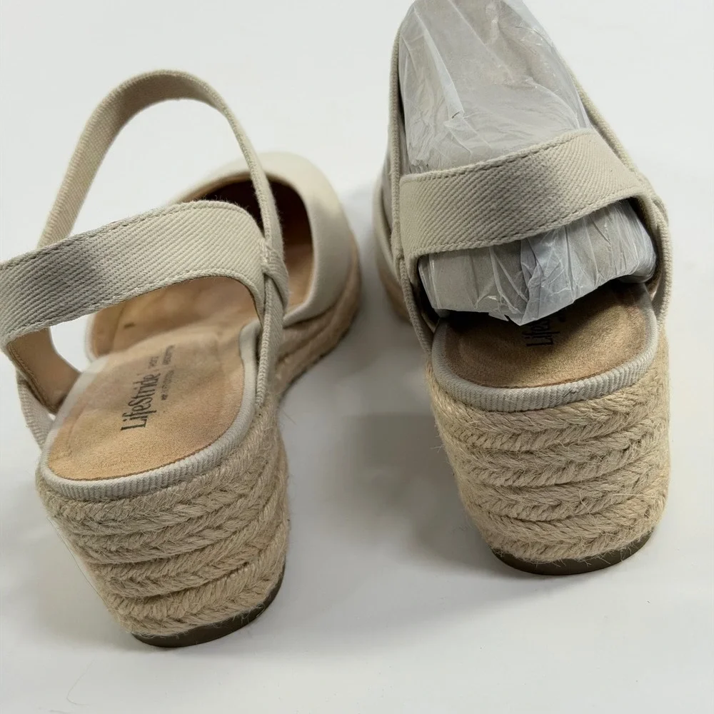 LifeStride Size-9M Womens Pilar Bone Canvas Espadrille Wedge Sandals